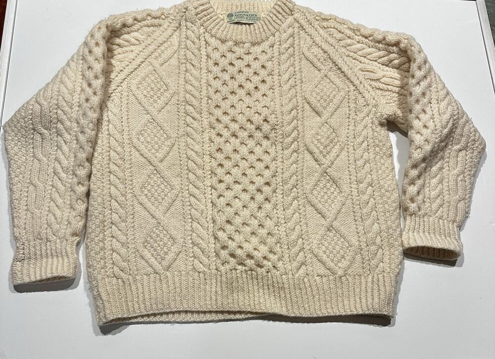 Vtg Fisherman Crana Hand Knit Sweater Mens Sz Large Cream Irish Wool Chunky